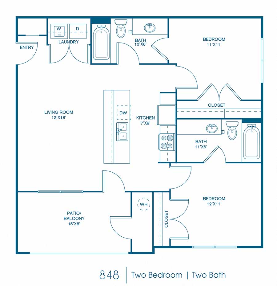 Floor plan for 2 beds, 2 baths, 848 sqft